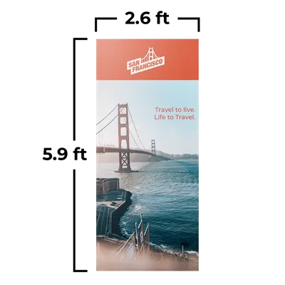 2.6 x 5.9 ft A promotional poster, featuring the Golden Gate Bridge, encourages travel to San Francisco. Text reads 'Travel to live. Life to Travel.'