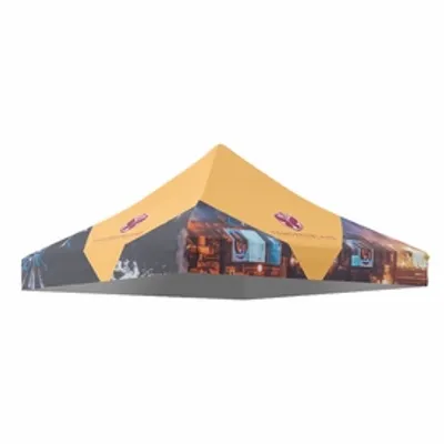 Canopy Topper Only This is a custom-printed canopy tent with a yellow top; the sides display vibrant graphics and logos, likely for promotional use at events or trade shows.