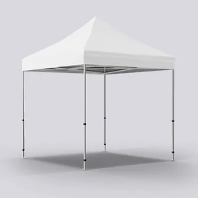 None A white trade show tent with a canopy top and metal frame, standing on a plain background.