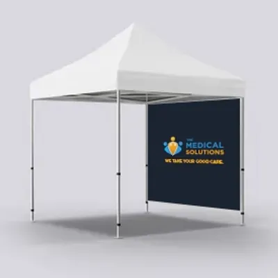 Full Right Wall Both Sided A white canopy tent with a sign stating 'MEDICAL SOLUTIONS - WE TAKE YOUR GOOD CARE' displayed within a neutral background.