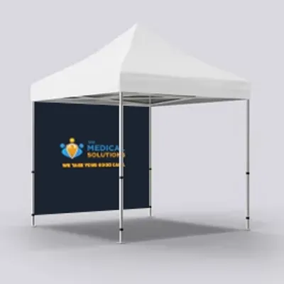 Full Back Wall Single Sided A promotional event tent with a company logo for 'MEDICAL SOLUTIONS' stands against a plain background, likely representing a product for trade shows or outdoor events.