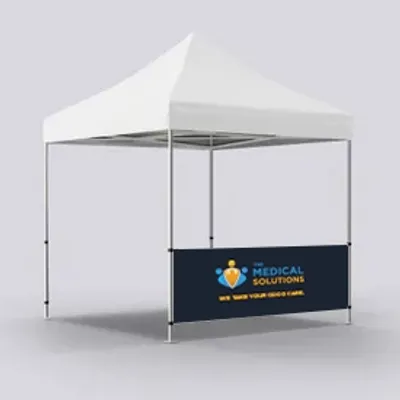 Half Front Wall Both Sided Promotional event tent with custom branding for 'MEDICAL SOLUTIONS' on a grey background.
