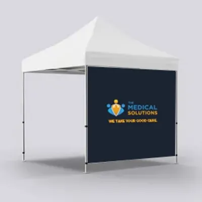Full Front Wall Single Sided A custom promotional tent with branding for 'MEDICAL SOLUTIONS WE TAKE YOUR GOOD CARE,' featuring a logo with three human figures and a heart.