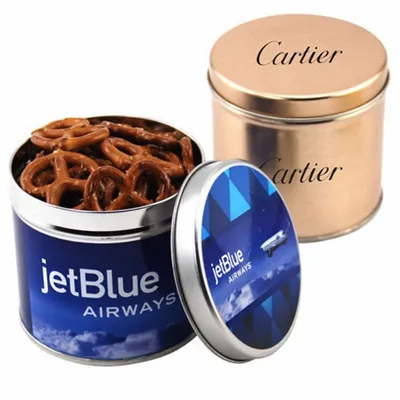 Round Tin with Mini Pretzels - Custom Hats Now