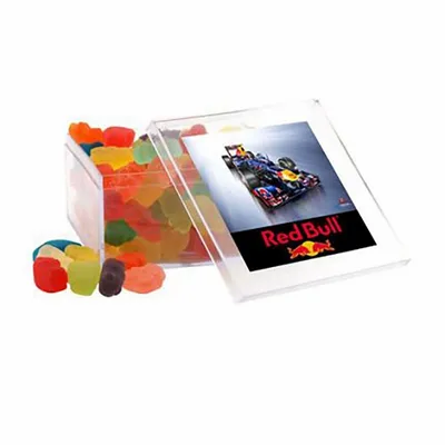 Clever Candy Large Square Acrylic Candy Box with Gummy Bears - Custom Hats Now