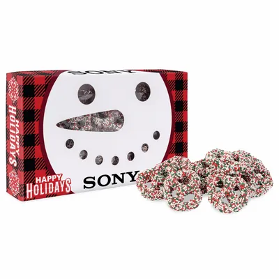 Snowman Die Cut Box with Milk Chocolate Christmas Mini Pretzels - Custom Hats Now