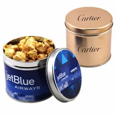 Round Tin with Caramel Popcorn - Custom Hats Now