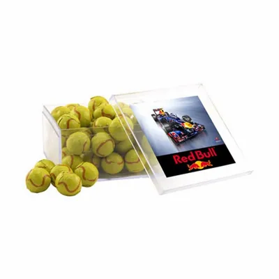 Acrylic Box with Chocolate Tennis Balls - Large - Custom Hats Now