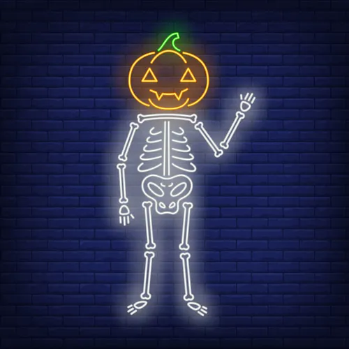 Skeleton with Pumpkin Head Neon Sign - Custom Hats Now