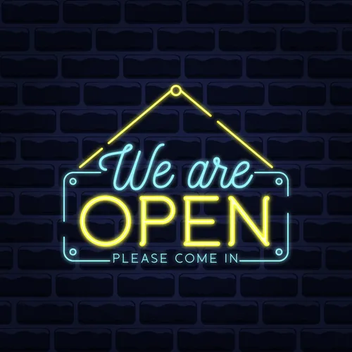 We Are Open Blue and Yellow Neon Sign - Custom Hats Now