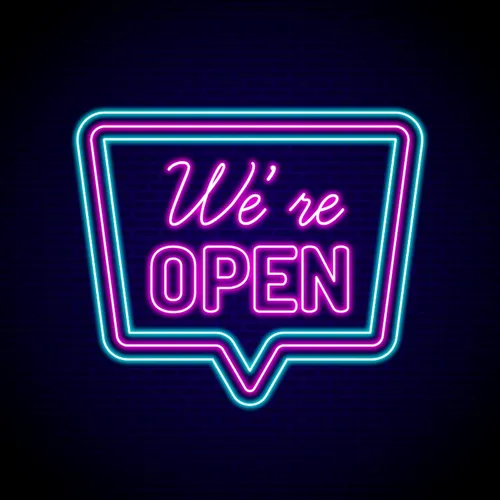 We're Open Neon Sign - Custom Hats Now