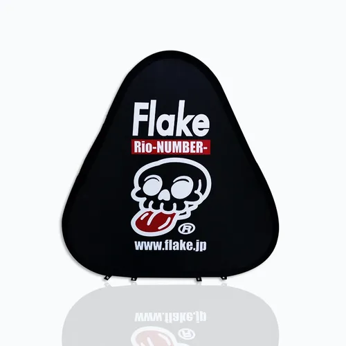 A black, triangular pop-up banner displays the text 'Flake RIO-NUMBER-' and a graphic of a skull with a rolling tongue, alongside the URL 'www.flake.jp'.