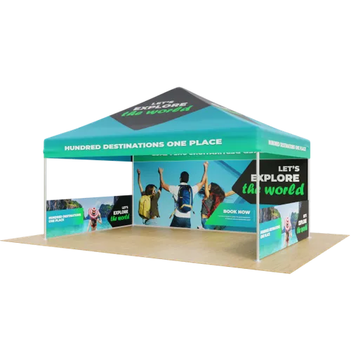 A custom-printed trade show tent with images of travelers and the phrases 'Hundred Destinations One Place,' 'Explore like never before,' and 'Let's explore the world.'