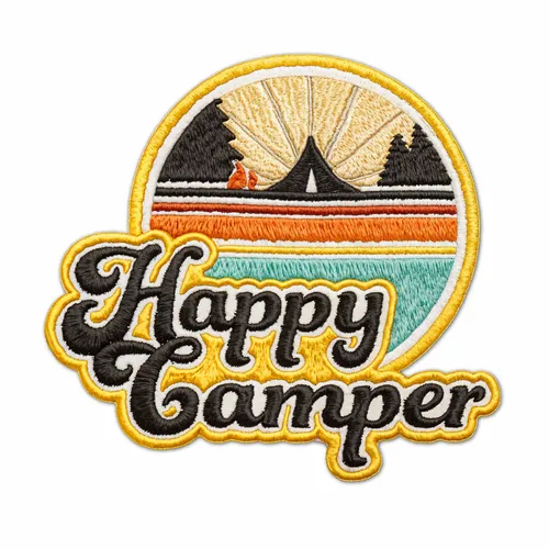 Round Happy Camper Iron On Patch - Tote Bags Now