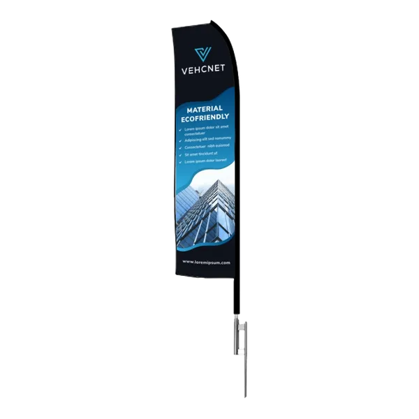 This is a vertically oriented, teardrop-shaped advertising banner mounted on a pole, displaying a logo, text, and an image of a building. The banner promotes eco-friendly materials.